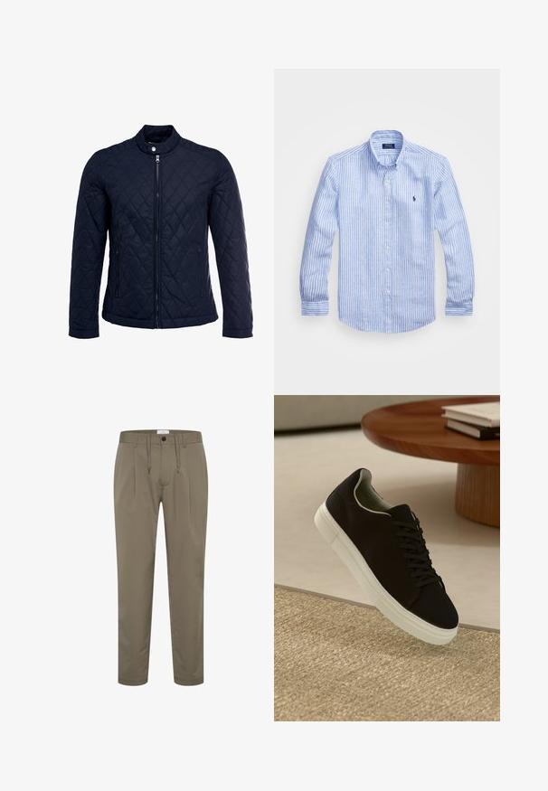 Tumesinine tikitud jakk, millel on püstine krae, täispikk tõmblukk ja kaks küljetaskut. Materjal on sileda tekstuuriga ja kaunistatud rombikujuliste mustritega.; Sinine ja valge triibuline pikkade varrukatega särk, mis on valmistatud puuvillast, ning millel on nööbitav krae, esi-nööbid ja väikese tikandiga logo rinnal.; Õlivahelised püksid, mis on valmistatud pehmest kangast, mugava lõikega, elastse vöökohtaga ja paelaga, samuti kahte esist õmblust disaini lisamiseks.; Mustad musta tossuga valge tallaga, mis hõljub beeži tekstuuriga vaiba kohal, ümaral puidust laual, mille peal on kokku virnastatud raamatud.