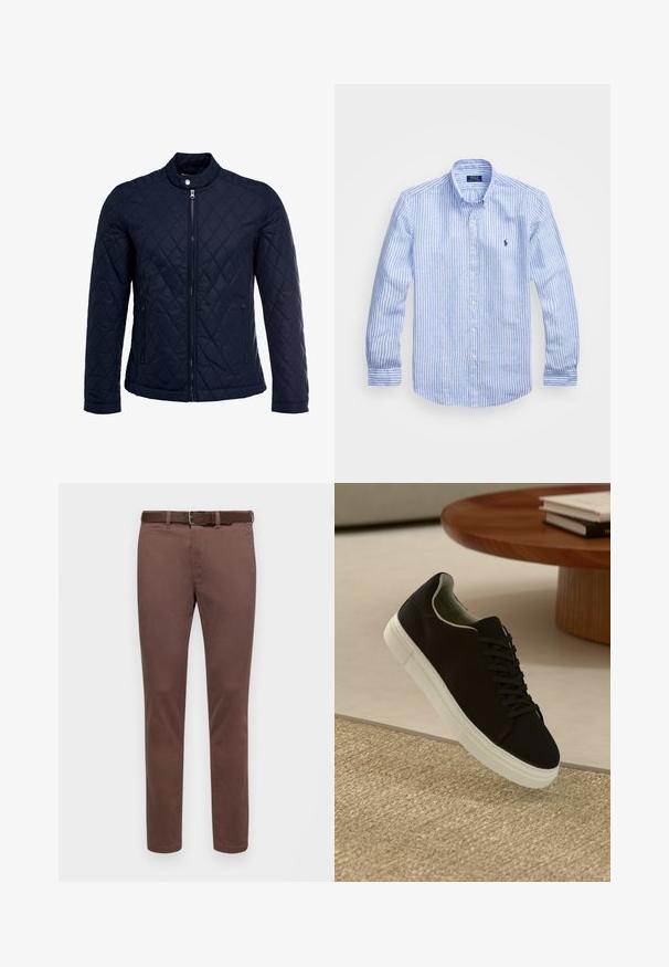 Granatowa pikowana kurtka z stojącym kołnierzem, pełnym zamkiem błyskawicznym i dwoma bocznymi kieszeniami. Materiał ma gładką teksturę z diamentowym wzorem.; Niebiesko-biała, w paski, koszula z długim rękawem, wykonana z bawełny, z kołnierzykiem zapinanym na guziki, guzikami z przodu oraz małym haftowanym logo na klatce piersiowej.; Brązowe bawełniane spodnie o prostym kroju, z gładką fakturą i dopasowanym paskiem. Brak widocznych wzorów lub akcentów.; Czarny sneaker z białą podeszwą unoszący się nad beżowym, teksturowanym dywanem w pobliżu okrągłego drewnianego stołu z poukładanymi książkami.