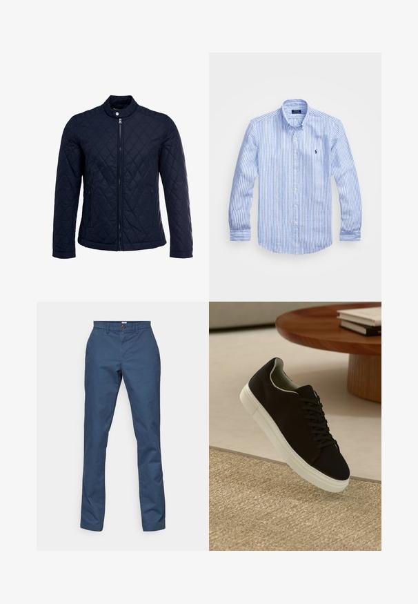 Marineblå quiltet jakke med stått krage, hel frontglidelås og to sidelommer. Materialet har en glatt tekstur med diamantmønster.; Blå og hvit stripete langermet skjorte laget av bomull, med knappekrage, frontknapper og en liten brodert logo på brystet.; Marineblå bomullskines med knappelukking, sidelommer og rett ben-design. Glatt tekstur og minimale sømdetaljer.; Svart sneakers med hvit såle som svever over en beige teksturert teppe nær et rundt trebord med stablede bøker.