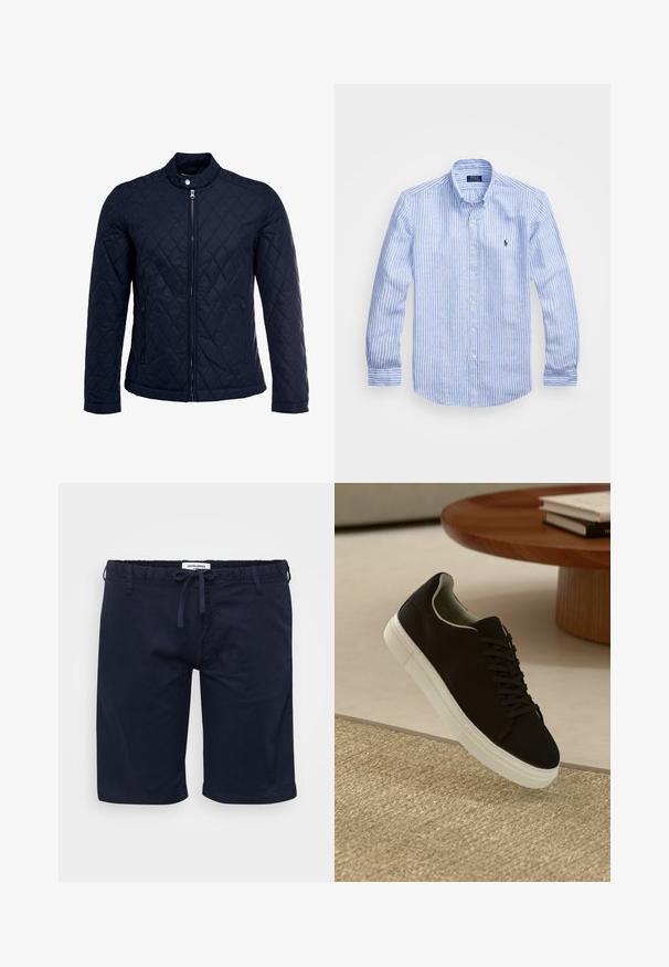 Mornarska jakna od ripsa s uzastopnim ovratnikom, punim prednjim zatvaračem i dva bočna džepa. Materijal ima glatku teksturu s dijamantnim uzorcima.; Plava i bijela prugasta košulja dugih rukava od pamuka, s ovratnikom na dugmad, prednjim dugmadi i malim izvezenim logom na prsima.; Navy plave hlače s elastičnom strukom i podesivom vezicom, s opuštenim krojem i glatkom teksturom.; Crna tenisica s bijelim potplatom koja lebdi iznad bež teksturiranog tepiha pored okruglog drvenog stola sa složenim knjigama.
