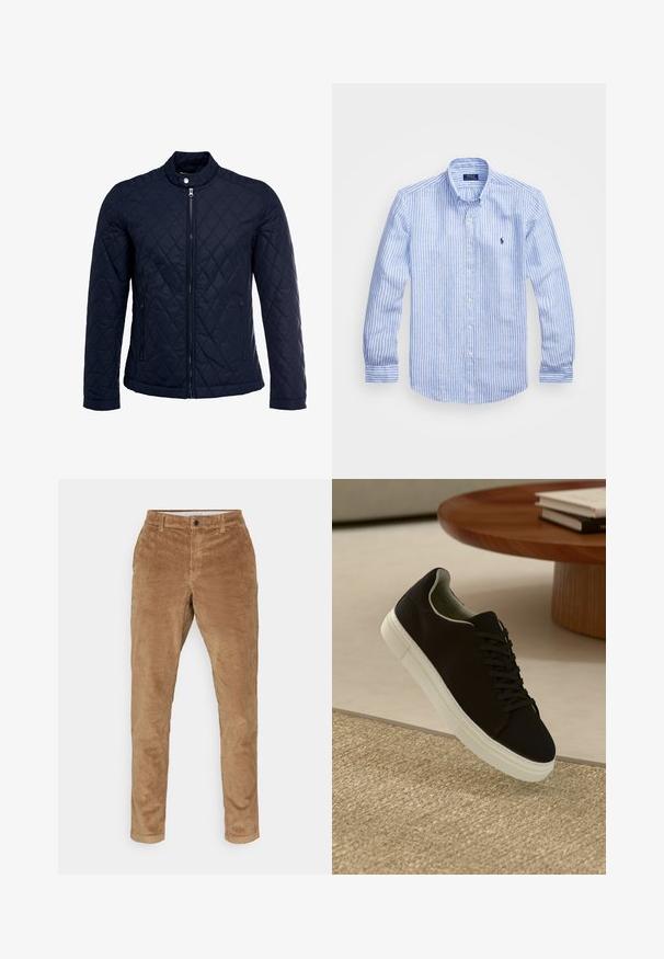 Giacca trapuntata blu navy con colletto alto, zip frontale completa e due tasche laterali. Il materiale ha una texture liscia con motivi a rombi.; Camicia a maniche lunghe a righe bianche e blu in cotone, con colletto button-down, bottoni frontali e un piccolo logo ricamato sul petto.; Jack & Jones JPSTMARCO - Chino - elmwood; Sneaker nero con suola bianca che flotta sopra un tappeto beige testurizzato vicino a un tavolo rotondo in legno con libri impilati.