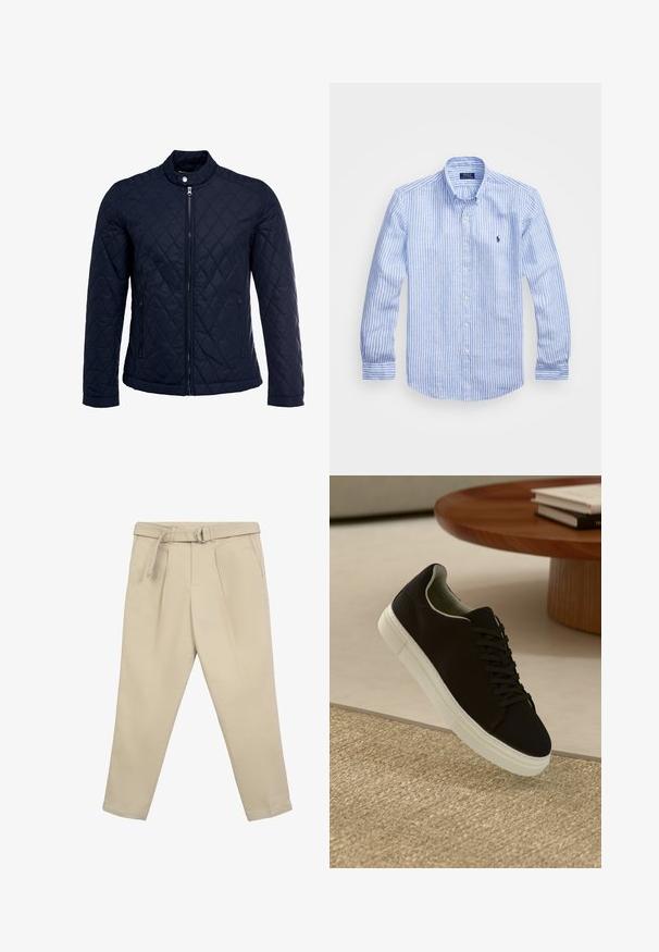 Giacca trapuntata blu navy con colletto alto, zip frontale completa e due tasche laterali. Il materiale ha una texture liscia con motivi a rombi.; Camicia a maniche lunghe a righe bianche e blu in cotone, con colletto button-down, bottoni frontali e un piccolo logo ricamato sul petto.; Pantaloni beige con vita a cintura, caratterizzati da un taglio dritto, pince, tasche laterali e una texture in cotone morbido.; Sneaker nero con suola bianca che flotta sopra un tappeto beige testurizzato vicino a un tavolo rotondo in legno con libri impilati.