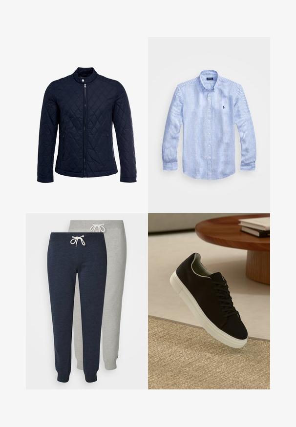 Jūras spēku krāsas nokrāsots džemperis ar izšūtu apkakli, pilnu priekšējo rāvējslēdzēju un divām sānu kabatām. Materiāls ir ar gludu faktūru, ar dimanta rakstiem.; Zila un baltā svītru garām piedurknēm krekls izgatavots no kokvilnas, ar pogājamu apkakli, priekšējām pogām un nelielu izšūtu logotipu uz krūtīm.; Divas jogger bikses: viena tumši zilā krāsā un otra gaiši pelēkā. Izgatavotas no mīksta materiāla, ar elastīgām piedurknēm un auklas vidukli.; Melni sporta apavi ar baltu zoli, kas peld virs bēša tekstūrēta paklāja netālu no apaļa koka galda ar sakrautiem grāmatām.