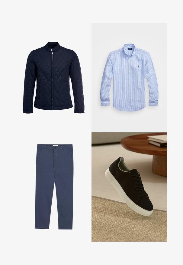 Marineblå quiltet jakke med stått krage, hel frontglidelås og to sidelommer. Materialet har en glatt tekstur med diamantmønster.; Blå og hvit stripete langermet skjorte laget av bomull, med knappekrage, frontknapper og en liten brodert logo på brystet.; Marineblå bomullschinos med rett snitt, to frontlommer og subtil sømdetalj, med en midje med knappelukking.; Svart sneakers med hvit såle som svever over en beige teksturert teppe nær et rundt trebord med stablede bøker.