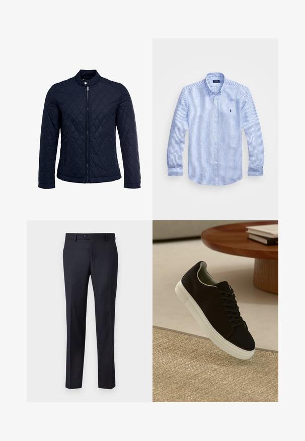 Navy quilted jacket featuring a stand-up collar, full front zip, and two side pockets. Material has a smooth texture with diamond patterns.; Blue and white striped long-sleeve shirt made of cotton, featuring a button-down collar, front buttons, and a small embroidered logo on the chest.; Navy blue tailored trousers made from a textured fabric with a subtle check pattern, featuring a button closure and straight leg design.; Black sneaker with white sole floating above beige textured rug near round wooden table with stacked books.
