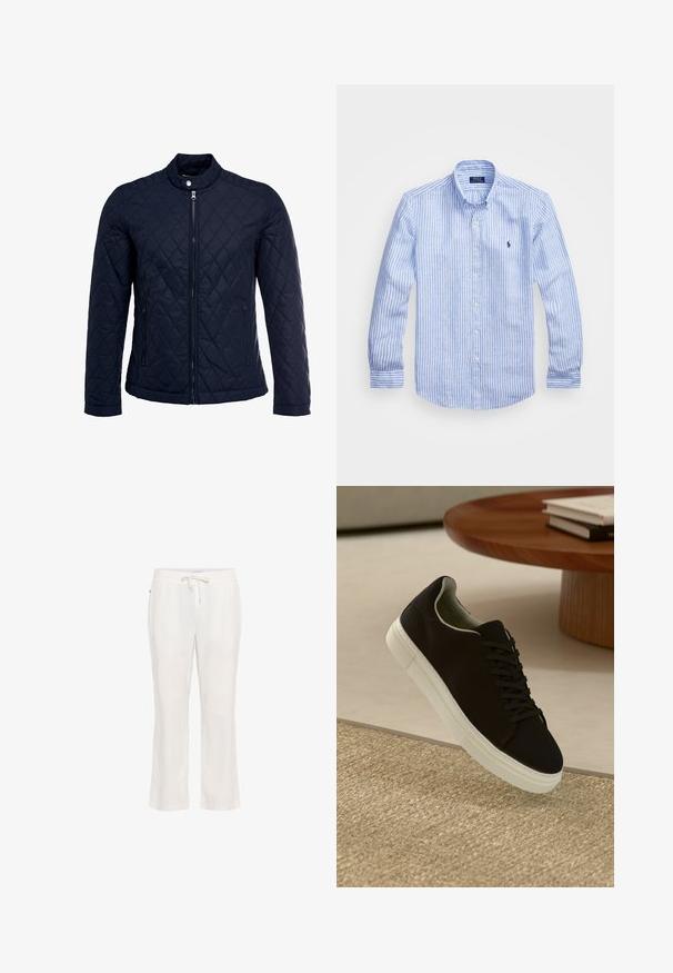 Navy quilted jacket featuring a stand-up collar, full front zip, and two side pockets. Material has a smooth texture with diamond patterns.; Blue and white striped long-sleeve shirt made of cotton, featuring a button-down collar, front buttons, and a small embroidered logo on the chest.; Lightweight, white linen pants with an elastic waistband and drawstring tie. Straight leg design with a smooth texture and no notable patterns.; Black sneaker with white sole floating above beige textured rug near round wooden table with stacked books.