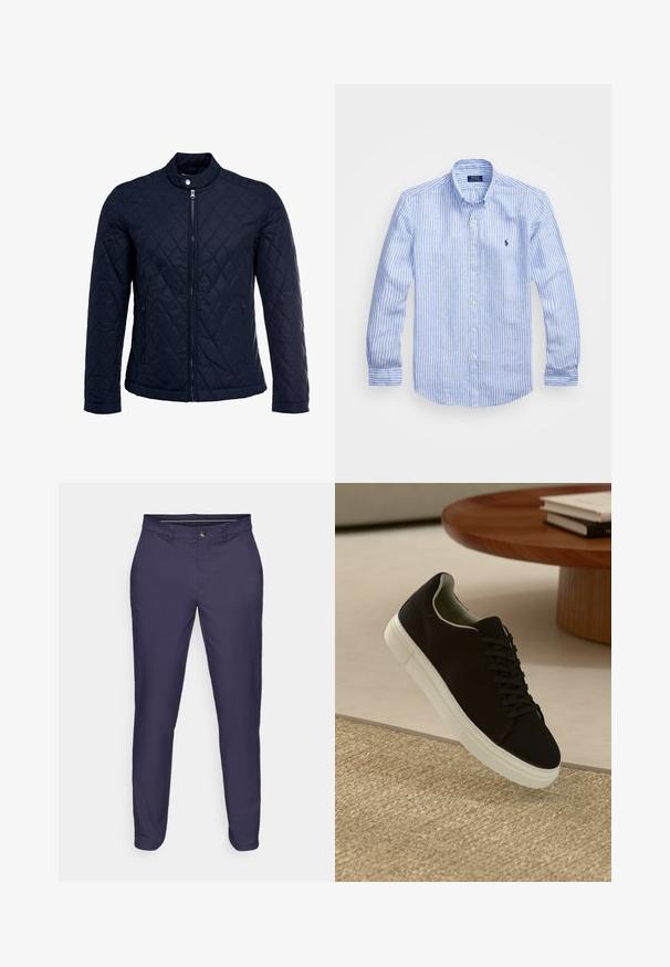 Námorníkovo prešívané sako s vysokým golierom, plným predným zipsom a dvoma bočnými vreckami. Materiál má hladkú textúru s diamantom vzorom.; Modrá a biela prúžkovaná košeľa s dlhými rukávmi vyrobená z bavlny, vybavená golierom na gombíky, prednými gombíkmi a malým vyšitým logom na hrudi.; Námornícke modré slim-fit nohavice s gombíkom a zipsom, pútka na opasok a zoštíhlené nohavice na bielom pozadí.; Čierna teniska s bielou podrážkou plávajúca nad béžovým textúrovaným kobercom pri okrúhlom drevenom stole s hromadou kníh.