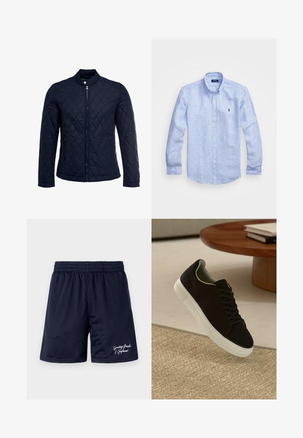 Chaqueta acolchada de color navy que cuenta con un cuello alzado, cierre frontal completo y dos bolsillos laterales. El material tiene una textura suave con patrones en forma de rombo.; Camisa de manga larga a rayas azul y blanca hecha de algodón, con cuello de botón, botones en el frente y un pequeño logo bordado en el pecho.; Pantalones cortos deportivos de malla azul marino con una cintura elástica. Presenta texto blanco bordado "Artículos y Equipos Deportivos" en la parte inferior derecha.; Zapatilla negra con suela blanca flotando sobre una alfombra texturizada beige cerca de una mesa redonda de madera con libros apilados.