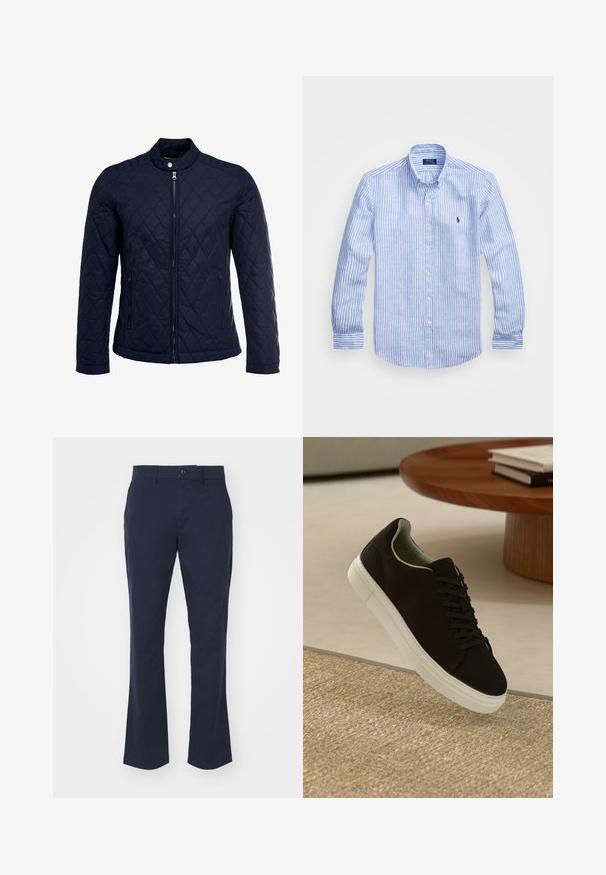 Navy quilted jacket featuring a stand-up collar, full front zip, and two side pockets. Material has a smooth texture with diamond patterns.; Blue and white striped long-sleeve shirt made of cotton, featuring a button-down collar, front buttons, and a small embroidered logo on the chest.; Navy blue trousers made from cotton blend fabric, featuring a straight leg design, standard waistband with a button closure, and side pockets.; Black sneaker with white sole floating above beige textured rug near round wooden table with stacked books.