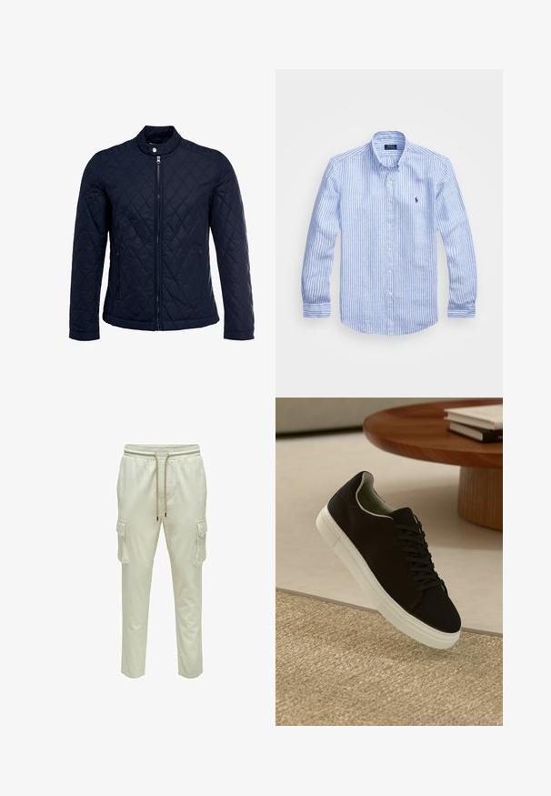 Veste matelassée bleu marine avec col montant, fermeture éclair sur le devant et deux poches latérales. Le matériau a une texture lisse avec des motifs en losange.; Chemise à rayures bleues et blanches à manches longues en coton, dotée d'un col boutonné, de boutons sur le devant et d'un petit logo brodé sur la poitrine.; Pantalons cargo beige clair avec une taille élastique et un cordon de serrage ajustable, dotés de deux poches latérales et d'une coupe décontractée.; Baskets noires avec semelle blanche flottant au-dessus d'un tapis texturé beige, près d'une table en bois ronde avec des livres empilés.