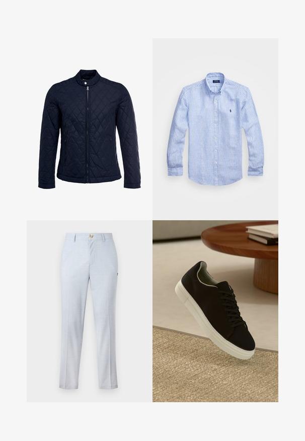 Marineblå quiltet jakke med stått krage, hel frontglidelås og to sidelommer. Materialet har en glatt tekstur med diamantmønster.; Blå og hvit stripete langermet skjorte laget av bomull, med knappekrage, frontknapper og en liten brodert logo på brystet.; Lyseblå dressbukser laget av vevd stoff, med klassisk passform, rette ben, frontlommer og knappelukking. Subtil mønsterdetalj.; Svart sneakers med hvit såle som svever over en beige teksturert teppe nær et rundt trebord med stablede bøker.