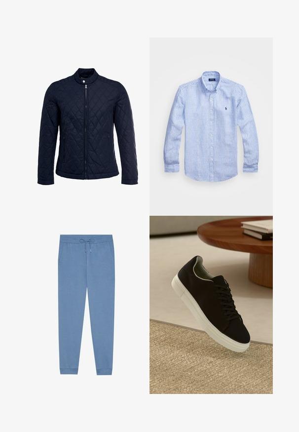 Navy quilted jacket featuring a stand-up collar, full front zip, and two side pockets. Material has a smooth texture with diamond patterns.; Blue and white striped long-sleeve shirt made of cotton, featuring a button-down collar, front buttons, and a small embroidered logo on the chest.; Light blue jogger pants made of soft fabric, featuring an elastic waistband with a drawstring, side pockets, and tapered cuffs.; Black sneaker with white sole floating above beige textured rug near round wooden table with stacked books.