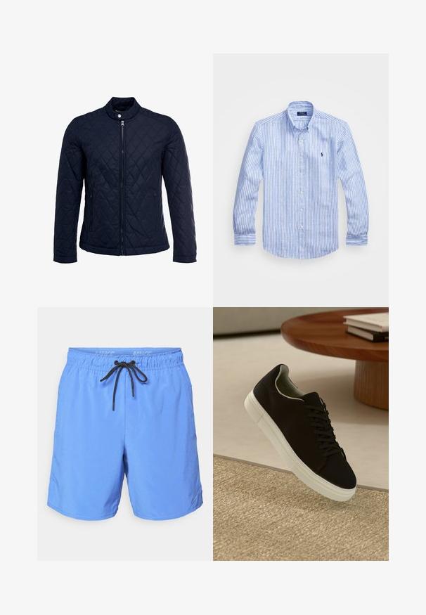 Tumesinine tikitud jakk, millel on püstine krae, täispikk tõmblukk ja kaks küljetaskut. Materjal on sileda tekstuuriga ja kaunistatud rombikujuliste mustritega.; Sinine ja valge triibuline pikkade varrukatega särk, mis on valmistatud puuvillast, ning millel on nööbitav krae, esi-nööbid ja väikese tikandiga logo rinnal.; Sinised lühikesed püksid, mis on valmistatud kerge kangaga, elastse vöökoha ja musta paelaga ning küljetaskutega. Väike logo aktsent.; Mustad musta tossuga valge tallaga, mis hõljub beeži tekstuuriga vaiba kohal, ümaral puidust laual, mille peal on kokku virnastatud raamatud.