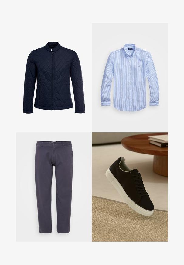 Námořnická prošívaná bunda s vysokým límcem, plným zipem a dvěma bočními kapsami. Materiál má hladkou texturu s diamantovým vzorem.; Modrá a bílá pruhovaná košile s dlouhým rukávem vyrobená z bavlny, s límcem na knoflíky, předními knoflíky a malým vyšitým logem na hrudi.; Tmavě námořnické chinos kalhoty vyrobené z bavlněné směsi. Mají klasický design s knoflíkem a zipem, bočními kapsami a rovnými nohavicemi.; Černé tenisky s bílou podrážkou plující nad béžovým texturovaným kobercem poblíž kulatého dřevěného stolu se stohovanými knihami.