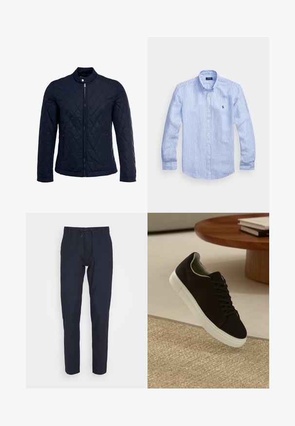Giacca trapuntata blu navy con colletto alto, zip frontale completa e due tasche laterali. Il materiale ha una texture liscia con motivi a rombi.; Camicia a maniche lunghe a righe bianche e blu in cotone, con colletto button-down, bottoni frontali e un piccolo logo ricamato sul petto.; Pantaloni blu navy realizzati in tessuto leggero, con vita regolabile mediante cordoncino e gamba affusolata, caratterizzati da una texture liscia.; Sneaker nero con suola bianca che flotta sopra un tappeto beige testurizzato vicino a un tavolo rotondo in legno con libri impilati.