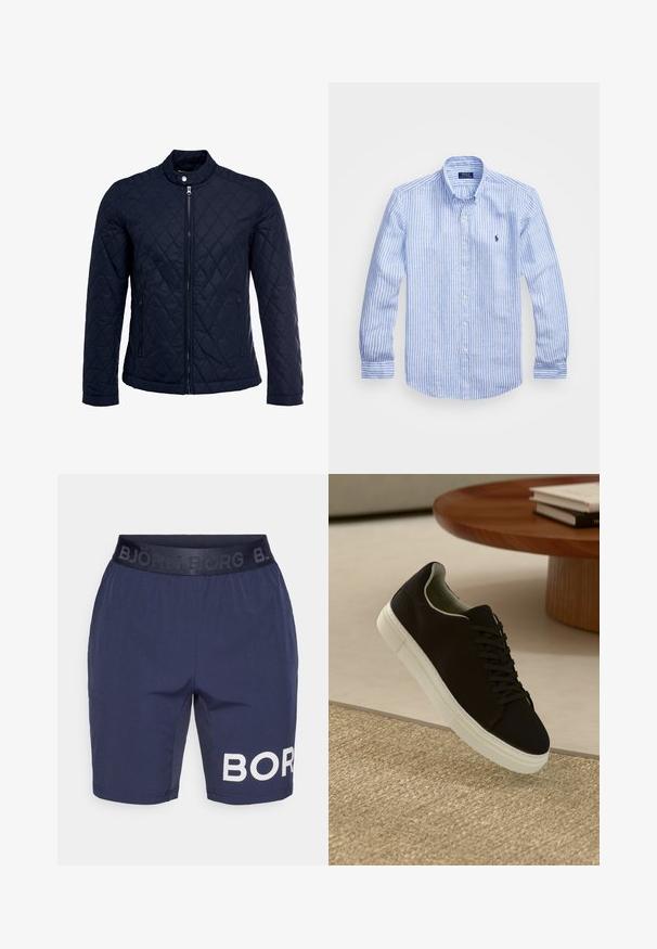 Jūras spēku krāsas nokrāsots džemperis ar izšūtu apkakli, pilnu priekšējo rāvējslēdzēju un divām sānu kabatām. Materiāls ir ar gludu faktūru, ar dimanta rakstiem.; Zila un baltā svītru garām piedurknēm krekls izgatavots no kokvilnas, ar pogājamu apkakli, priekšējām pogām un nelielu izšūtu logotipu uz krūtīm.; Jūras zila shorti ar melnu elastīgu jostasvietu, kurā ir izšuvums "BJÖRN BORG". Labajā kājā ir liels balts punktiņš "BOR" logo.; Melni sporta apavi ar baltu zoli, kas peld virs bēša tekstūrēta paklāja netālu no apaļa koka galda ar sakrautiem grāmatām.