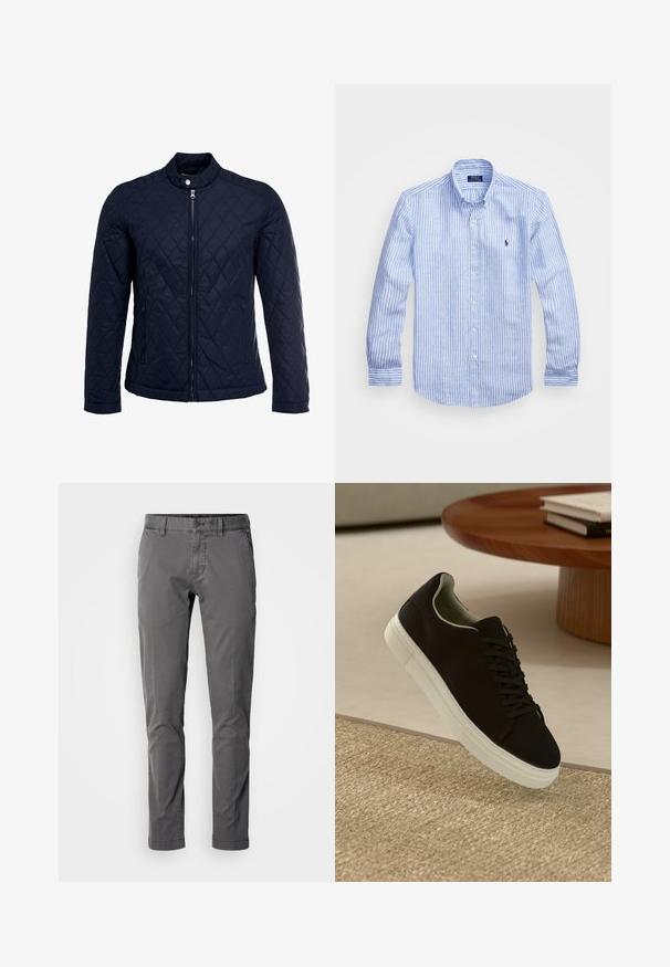 Marinefarbenes wattiertes Jackett mit Stehkragen, durchgehendem Reißverschluss und zwei seitlichen Taschen. Das Material hat eine glatte Textur mit Rautenmuster.; Blau-weißer gestreifter Langarmshirt aus Baumwolle mit einem Button-Down-Kragen, Frontknöpfen und einem kleinen gestickten Logo auf der Brust.; Schmal geschnittene graue Baumwollhose mit Knopfverschluss, Seitentaschen und glatter Textur. Bietet ein klassisches Design und eine taillierte Silhouette.; Schwarze Sneakers mit weißer Sohle, die über einem beige strukturierten Teppich schweben, in der Nähe eines runden Holztisches mit gestapelten Büchern.