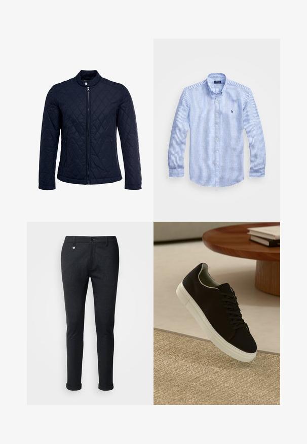 Jūras spēku krāsas nokrāsots džemperis ar izšūtu apkakli, pilnu priekšējo rāvējslēdzēju un divām sānu kabatām. Materiāls ir ar gludu faktūru, ar dimanta rakstiem.; Zila un baltā svītru garām piedurknēm krekls izgatavots no kokvilnas, ar pogājamu apkakli, priekšējām pogām un nelielu izšūtu logotipu uz krūtīm.; Melni bikses ar teksturētu rakstu, pieguļošs dizains, priekšējās kabatas un viens pogas aizdare. Sagriezti uzmaviem, lai radītu stilīgu izskatu.; Melni sporta apavi ar baltu zoli, kas peld virs bēša tekstūrēta paklāja netālu no apaļa koka galda ar sakrautiem grāmatām.