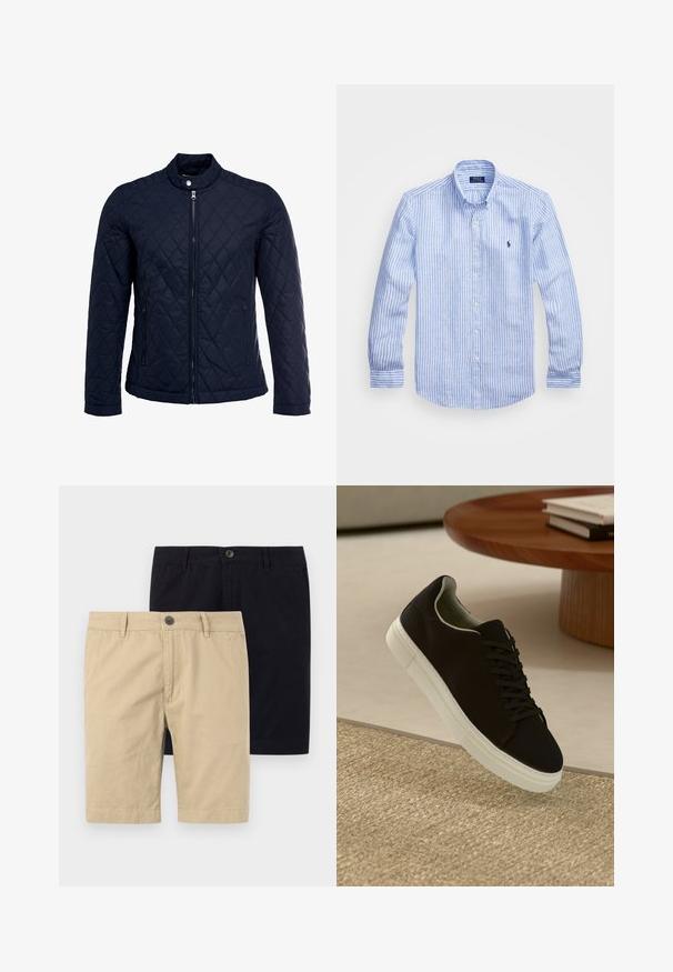 Navy quilted jacket featuring a stand-up collar, full front zip, and two side pockets. Material has a smooth texture with diamond patterns.; Blue and white striped long-sleeve shirt made of cotton, featuring a button-down collar, front buttons, and a small embroidered logo on the chest.; Two pairs of shorts, one khaki and one black, made of cotton. Both feature a button, flat front, and are knee-length in design.; Black sneaker with white sole floating above beige textured rug near round wooden table with stacked books.