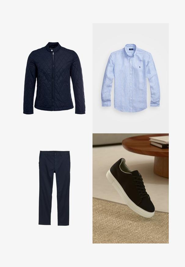 Marinefarbenes wattiertes Jackett mit Stehkragen, durchgehendem Reißverschluss und zwei seitlichen Taschen. Das Material hat eine glatte Textur mit Rautenmuster.; Blau-weißer gestreifter Langarmshirt aus Baumwolle mit einem Button-Down-Kragen, Frontknöpfen und einem kleinen gestickten Logo auf der Brust.; Marineblaue, leichte Hose mit glatter Textur, geradem Bein-Design, Knopfverschluss und Seitentaschen.; Schwarze Sneakers mit weißer Sohle, die über einem beige strukturierten Teppich schweben, in der Nähe eines runden Holztisches mit gestapelten Büchern.