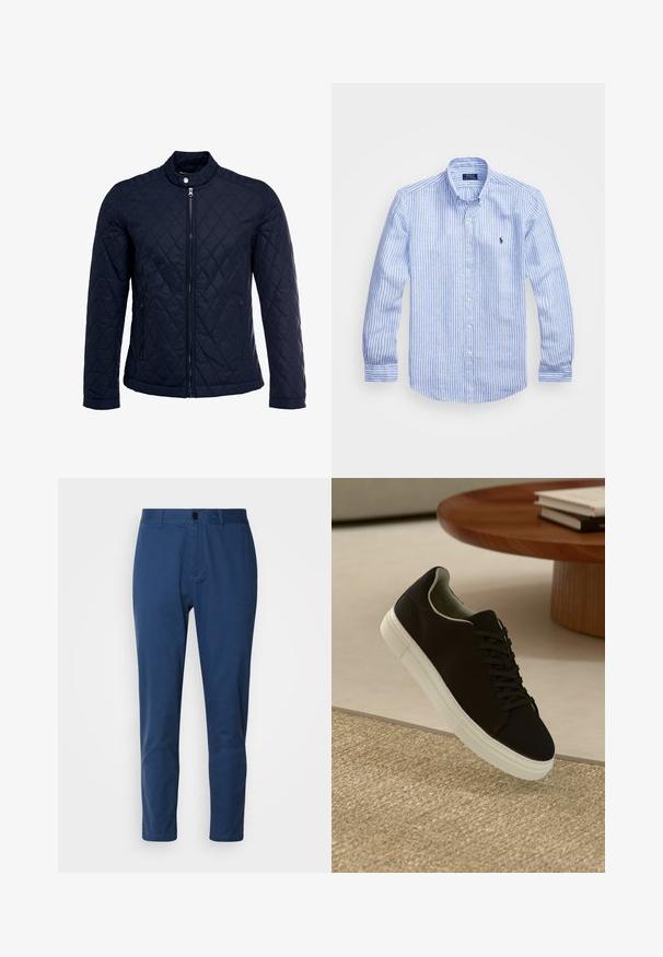 Giacca trapuntata blu navy con colletto alto, zip frontale completa e due tasche laterali. Il materiale ha una texture liscia con motivi a rombi.; Camicia a maniche lunghe a righe bianche e blu in cotone, con colletto button-down, bottoni frontali e un piccolo logo ricamato sul petto.; Pantaloni in cotone blu navy con una texture liscia, taglio dritto e chiusura con bottone in vita. Senza motivi visibili o accessori.; Sneaker nero con suola bianca che flotta sopra un tappeto beige testurizzato vicino a un tavolo rotondo in legno con libri impilati.