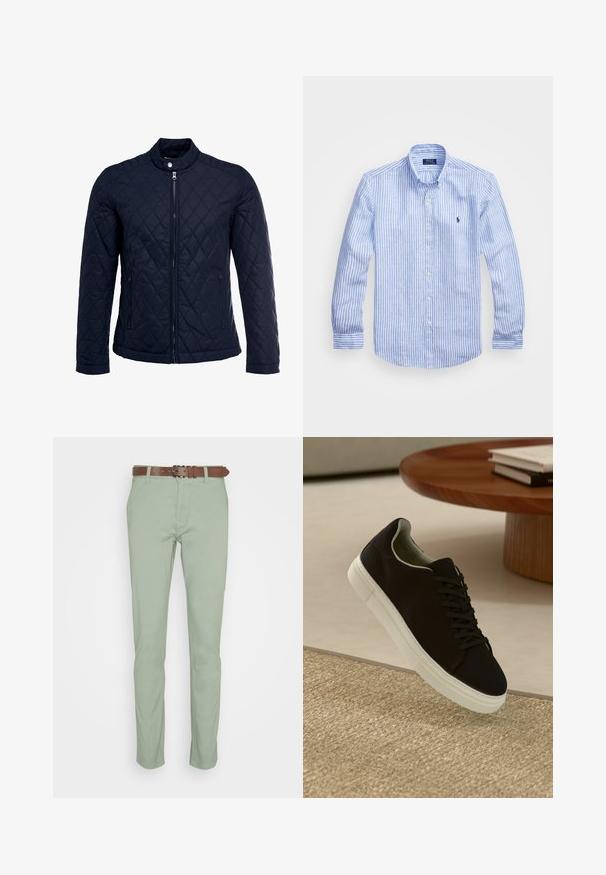 Marinefarbenes wattiertes Jackett mit Stehkragen, durchgehendem Reißverschluss und zwei seitlichen Taschen. Das Material hat eine glatte Textur mit Rautenmuster.; Blau-weißer gestreifter Langarmshirt aus Baumwolle mit einem Button-Down-Kragen, Frontknöpfen und einem kleinen gestickten Logo auf der Brust.; Helle grüne Baumwollhosen mit geradem Bein, vorderen Taschen und einem braunen Gürtel. Glatte Textur ohne Muster.; Schwarze Sneakers mit weißer Sohle, die über einem beige strukturierten Teppich schweben, in der Nähe eines runden Holztisches mit gestapelten Büchern.