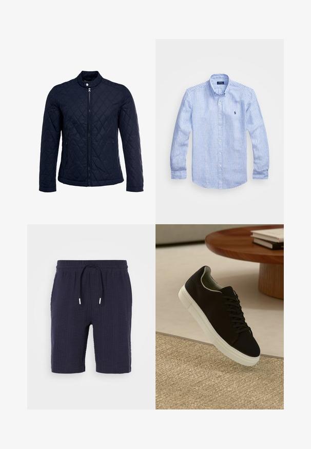 Granatowa pikowana kurtka z stojącym kołnierzem, pełnym zamkiem błyskawicznym i dwoma bocznymi kieszeniami. Materiał ma gładką teksturę z diamentowym wzorem.; Niebiesko-biała, w paski, koszula z długim rękawem, wykonana z bawełny, z kołnierzykiem zapinanym na guziki, guzikami z przodu oraz małym haftowanym logo na klatce piersiowej.; Granatowe szorty z teksturowanym wzorem, elastycznym paskiem w talii i sznurkiem do regulacji. Posiadają luźny krój i długość powyżej kolan.; Czarny sneaker z białą podeszwą unoszący się nad beżowym, teksturowanym dywanem w pobliżu okrągłego drewnianego stołu z poukładanymi książkami.
