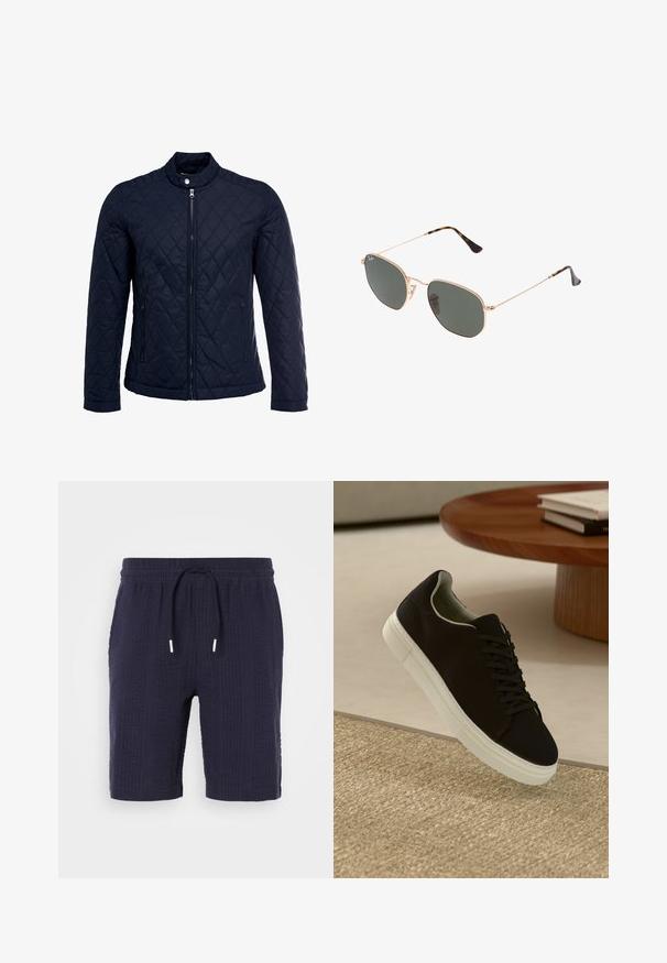 Marineblå quiltet jakke med ståkrave, fuld lynlås foran og to sidelommer. Materialet har en glat tekstur med diamantmønstre.; Blå og hvid stribet langærmet skjorte lavet af bomuld, med knap-ned krave, frontknapper og et lille broderet logo på brystet.; Marineblå shorts med et tekstureret mønster, elastisk talje og snøre lukning. Har en afslappet pasform og længde over knæene.; Sort sneaker med hvid sål svævende over en beige tekstureret tæppe nær et rundt trætabel med stablede bøger.; Guldmetallisk brille med mørkegrønne linser, aviator-stil, med slanke arme og skildpadde-mønstrede detaljer på spidserne.