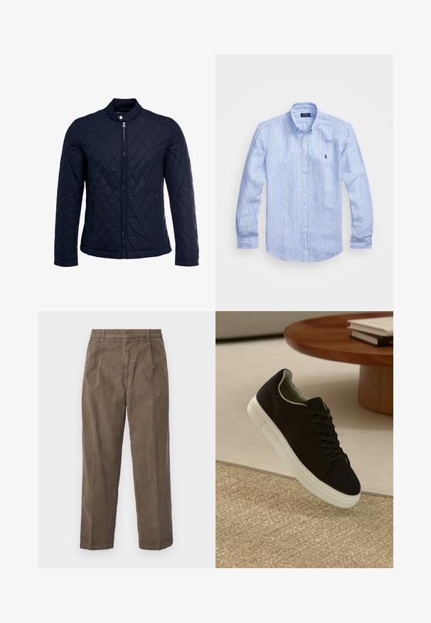 Tengerész kék steppelt dzseki, állógallérral, teljes előlapi cipzárral és két oldalsó zsebbel. Az anyag sima textúrájú, gyémánt mintázattal.; Kék és fehér csíkos, hosszú ujjú pamut ing, gombos gallérral, elől gombokkal és egy kis hímzett logóval a mellkason.; Barna bordás nadrág laza szabással, látható függőleges bordázattal, oldalsó zsebekkel és övhurkakkal ellátott derékkal.; Fekete sneakers fehér talppal lebeg egy bézs textúrájú szőnyeg felett, egy kerek fából készült asztal közelében, rajta egymásra pakolt könyvekkel.