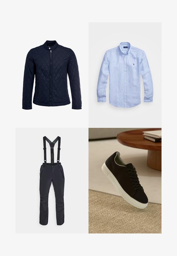 Marineblauwe gewatteerde jas met een staande kraag, volledige ritssluiting aan de voorkant en twee zijzakken. Materiaal heeft een gladde textuur met ruitpatronen.; Blauw-wit gestreept overhemd met lange mouwen van katoen, met een button-down kraag, knopen aan de voorkant en een klein geborduurd logo op de borst.; Zwarte waterdichte broeken met verstelbare bretels, ritszakken en versterkte onderbenen voor duurzaamheid en functionaliteit.; Zwarte sneaker met witte zool die boven een beige gestructureerd tapijt zweeft, nabij een ronde houten tafel met gestapelde boeken.