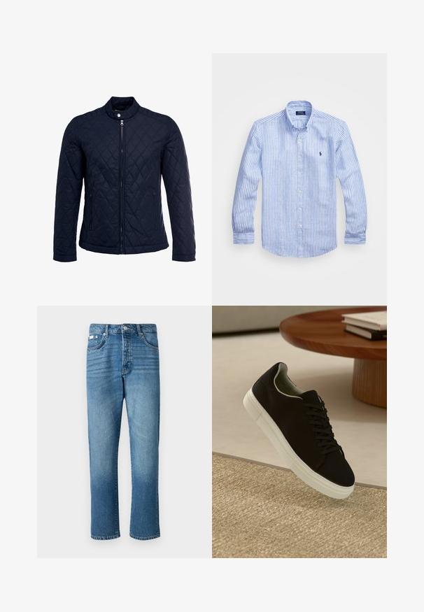 Merihenkinen tikattu takki, jossa on noususauma, täysin edessä vetoketju ja kaksi sivutaskua. Materiaali on sileäpintainen ja siinä on timanttikuvioita.; Sininen ja valkoinen raidoitettu pitkähihaisen paita, joka on valmistettu puuvillasta. Paidassa on napillinen kaulus, etunapit ja pieni kirjailtu logo rinnassa.; Vaalean siniset farkut suoran lahkeen leikkauksella, joissa on nappikiinnitys, viisi taskua ja hennot haalistumat reisissä sekä helmassa.; Musta lenkkari, jossa on valkoinen pohja, kelluu vaaleanbeige texturoituneen maton yllä pyöreän puupöydän vieressä, jonka päällä on pinottu kirjoja.