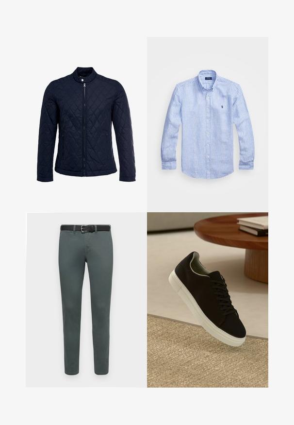 Tengerész kék steppelt dzseki, állógallérral, teljes előlapi cipzárral és két oldalsó zsebbel. Az anyag sima textúrájú, gyémánt mintázattal.; Kék és fehér csíkos, hosszú ujjú pamut ing, gombos gallérral, elől gombokkal és egy kis hímzett logóval a mellkason.; Zöld pamut nadrág, slim fit szabásban, fekete övvel és klasszikus öt zsebes kialakítással. Sima textúra, minimális varrási részletek.; Fekete sneakers fehér talppal lebeg egy bézs textúrájú szőnyeg felett, egy kerek fából készült asztal közelében, rajta egymásra pakolt könyvekkel.