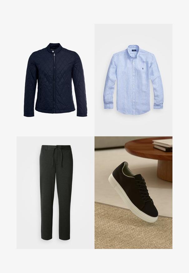 Námořnická prošívaná bunda s vysokým límcem, plným zipem a dvěma bočními kapsami. Materiál má hladkou texturu s diamantovým vzorem.; Modrá a bílá pruhovaná košile s dlouhým rukávem vyrobená z bavlny, s límcem na knoflíky, předními knoflíky a malým vyšitým logem na hrudi.; Tmavě šedé tepláky vyrobené z měkké bavlněné směsi. Mají elastický pas se šňůrkou a postranní kapsy. Rovný střih nohavic.; Černé tenisky s bílou podrážkou plující nad béžovým texturovaným kobercem poblíž kulatého dřevěného stolu se stohovanými knihami.
