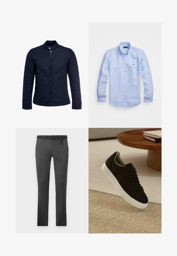 Marinefarbenes wattiertes Jackett mit Stehkragen, durchgehendem Reißverschluss und zwei seitlichen Taschen. Das Material hat eine glatte Textur mit Rautenmuster.; Blau-weißer gestreifter Langarmshirt aus Baumwolle mit einem Button-Down-Kragen, Frontknöpfen und einem kleinen gestickten Logo auf der Brust.; Dunkelgraue Hose aus strukturiertem Stoff, mit einem schwarzen Gürtel, Gürtelschlaufen und zwei seitlichen Taschen. Gerades Bein Design, keine sichtbaren Muster.; Schwarze Sneakers mit weißer Sohle, die über einem beige strukturierten Teppich schweben, in der Nähe eines runden Holztisches mit gestapelten Büchern.