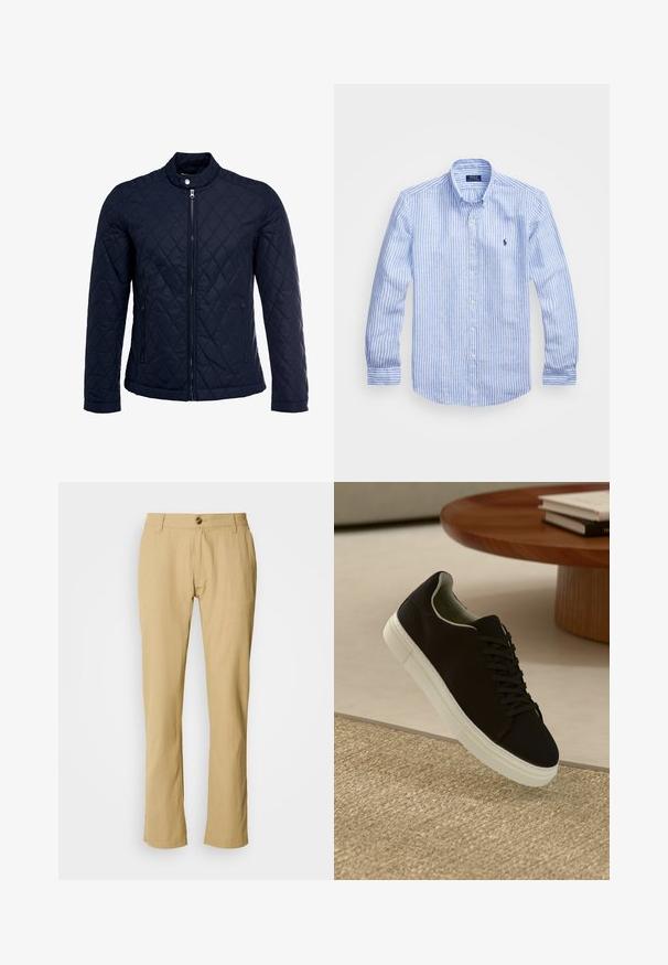 Tumesinine tikitud jakk, millel on püstine krae, täispikk tõmblukk ja kaks küljetaskut. Materjal on sileda tekstuuriga ja kaunistatud rombikujuliste mustritega.; Sinine ja valge triibuline pikkade varrukatega särk, mis on valmistatud puuvillast, ning millel on nööbitav krae, esi-nööbid ja väikese tikandiga logo rinnal.; Bežid püksid, millel on sirge sääre lõige, nööp sulgur ja peen tekstuur. Mingeid mustreid ega täiendavat riistvara ei ole nähtaval.; Mustad musta tossuga valge tallaga, mis hõljub beeži tekstuuriga vaiba kohal, ümaral puidust laual, mille peal on kokku virnastatud raamatud.