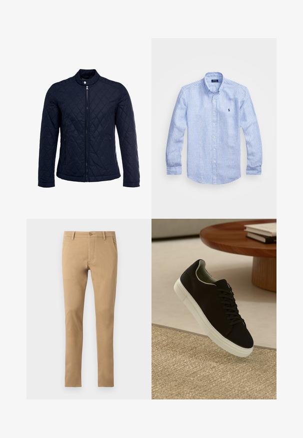 Giacca trapuntata blu navy con colletto alto, zip frontale completa e due tasche laterali. Il materiale ha una texture liscia con motivi a rombi.; Camicia a maniche lunghe a righe bianche e blu in cotone, con colletto button-down, bottoni frontali e un piccolo logo ricamato sul petto.; Chino beige slim-fit con chiusura a bottone, tasche frontali e una texture liscia. Design semplice, gambe affusolate e orlo pulito.; Sneaker nero con suola bianca che flotta sopra un tappeto beige testurizzato vicino a un tavolo rotondo in legno con libri impilati.