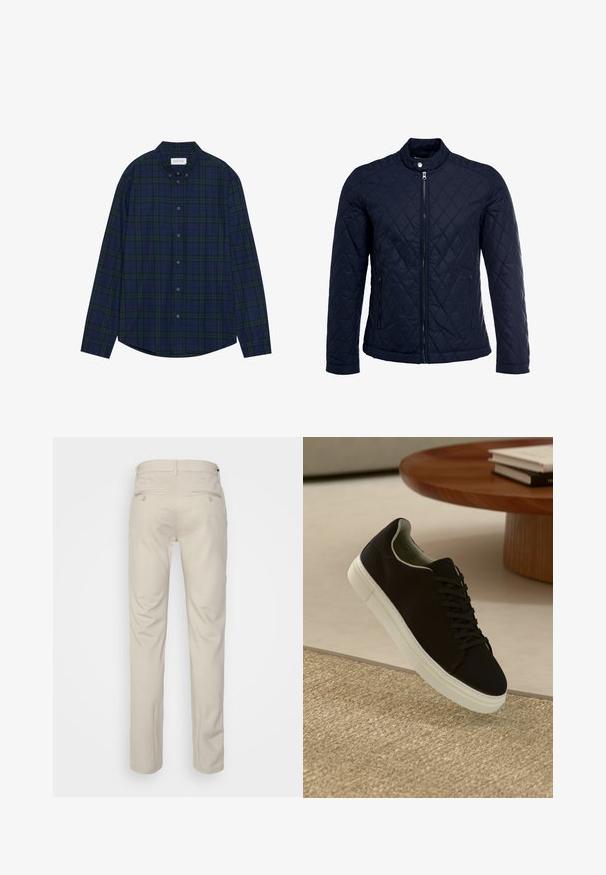 Chaqueta acolchada de color navy que cuenta con un cuello alzado, cierre frontal completo y dos bolsillos laterales. El material tiene una textura suave con patrones en forma de rombo.; Camisa de cuadros en tonos azul marino y verde, con dobladillo redondeado, mangas largas y cuello. Cuenta con doce botones en el cierre. Textura de tela suave.; Pantalones beiges con una textura suave, corte recto, dos bolsillos traseros con botones y una cinturilla estándar.; Zapatilla negra con suela blanca flotando sobre una alfombra texturizada beige cerca de una mesa redonda de madera con libros apilados.