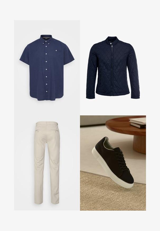 Tamsiai mėlynas užsegamas dubliažinis švarkas su stovinčiu apykakliu, visiškai užtraukiamas priekyje, ir dviem šoninėmis kišenėmis. Medžiaga turi lygią tekstūrą su deimantiniais raštais.; Trumpas rankovėmis, tamsiai mėlynos spalvos mygtukų marškiniai su apykakle, balti mygtukai ir mažas logotipas kairėje krūtinės pusėje. Pagaminta iš medvilnės.; Bežinės kelnės su lygia tekstūra, tiesiu pjūviu, dviem užpakalinėmis kišenėmis su sagomis ir standartine juosmena.; Juodas sportinis batelis su baltu padu, lekiančius virš smėlio spalvos tekstūruoto kilimo šalia apvalaus medinio stalo su sukrautomis knygomis.