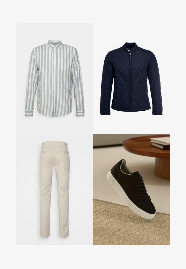 Marinefarbenes wattiertes Jackett mit Stehkragen, durchgehendem Reißverschluss und zwei seitlichen Taschen. Das Material hat eine glatte Textur mit Rautenmuster.; Hemd mit Knöpfen in hellblau und cremefarbenen Streifen. Verfügt über einen klassischen Kragen, lange Ärmel und eine Brusttasche. Hergestellt aus weichem Stoff, lockere Passform.; Beige Hosen mit glatter Textur, geradem Schnitt, zwei Gesäßtaschen mit Knöpfen und einem normalen Bund.; Schwarze Sneakers mit weißer Sohle, die über einem beige strukturierten Teppich schweben, in der Nähe eines runden Holztisches mit gestapelten Büchern.