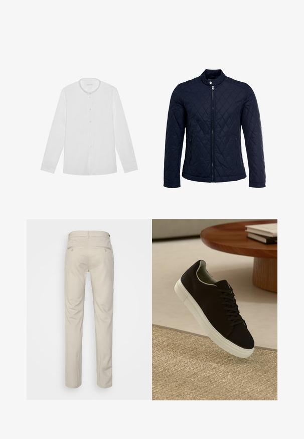 Jūras spēku krāsas nokrāsots džemperis ar izšūtu apkakli, pilnu priekšējo rāvējslēdzēju un divām sānu kabatām. Materiāls ir ar gludu faktūru, ar dimanta rakstiem.; Balta, garām piedurknēm, pogājama krekla ar mandarinapmali un vienu krūšu kabatu, novietota uz vienkārša fona.; Bežīgas bikses ar gludu tekstūru, taisnas kājas, divas aizmugurējās kabatas ar pogām un standarta jostas vietu.; Melni sporta apavi ar baltu zoli, kas peld virs bēša tekstūrēta paklāja netālu no apaļa koka galda ar sakrautiem grāmatām.