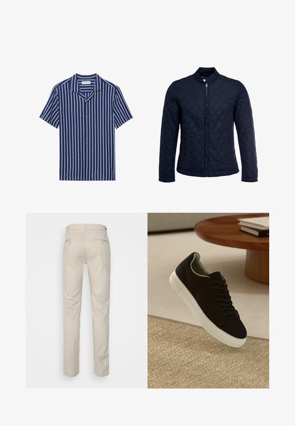 Marinefarbenes wattiertes Jackett mit Stehkragen, durchgehendem Reißverschluss und zwei seitlichen Taschen. Das Material hat eine glatte Textur mit Rautenmuster.; Pier One LINEN MIX BLEND SHIRT - Hemd - dark blue/white; Beige Hosen mit glatter Textur, geradem Schnitt, zwei Gesäßtaschen mit Knöpfen und einem normalen Bund.; Schwarze Sneakers mit weißer Sohle, die über einem beige strukturierten Teppich schweben, in der Nähe eines runden Holztisches mit gestapelten Büchern.