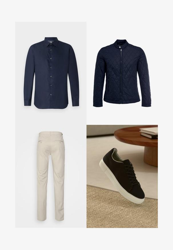 Casaco acolchoado azul-marinho com gola elevada, fecho de correr à frente e dois bolsos laterais. O material tem uma textura suave com padrões de diamante.; Camisa azul-marinho de mangas compridas com colarinho abotoado, textura suave e tapeta de botões na frente; apresenta um corte ajustado e uma bainha arredondada.; Calças bege com uma textura suave, corte reto, dois bolsos traseiros com botões e uma cintura padrão.; Sneaker preto com sola branca flutuando acima de um tapete texturizado bege, perto de uma mesa redonda de madeira com livros empilhados.