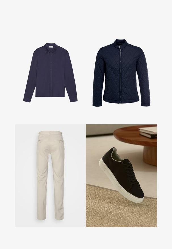 Mornarsko podloženo jakno z dvignjenim ovratnikom, polnim zadrgo in dvema stranskima žepoma. Material ima gladko teksturo s diamantnimi vzorci.; Mornarsko srajca z dolgimi rokavi, izdelana iz gladkega blaga, z gumbom spredaj, koničastim ovratnikom in rahlo sproščenim krojem.; Bež hlače z gladko teksturo, ravnega kroja, dvema zadnjima žepoma z gumbi in standardnim pasom.; Črni športni copat z belim podplatom lebdi nad bež teksturiranim preprogam blizu okroglega lesenega mize z zloženimi knjigami.