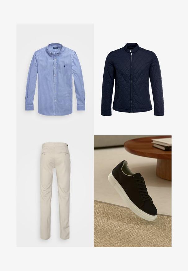 Chaqueta acolchada de color navy que cuenta con un cuello alzado, cierre frontal completo y dos bolsillos laterales. El material tiene una textura suave con patrones en forma de rombo.; Camisa de manga larga a rayas azul y blanca con cuello recto, que presenta un pequeño logo y cierre de botones. Tejido de algodón, textura suave.; Pantalones beiges con una textura suave, corte recto, dos bolsillos traseros con botones y una cinturilla estándar.; Zapatilla negra con suela blanca flotando sobre una alfombra texturizada beige cerca de una mesa redonda de madera con libros apilados.