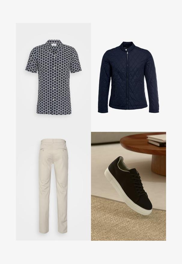 Giacca trapuntata blu navy con colletto alto, zip frontale completa e due tasche laterali. Il materiale ha una texture liscia con motivi a rombi.; Camicia a maniche corte blu navy con un motivo circolare bianco, con chiusura bottone e una morbida texture del tessuto.; Pantaloni beige con una texture liscia, taglio dritto, due tasche posteriori con bottoni e vita standard.; Sneaker nero con suola bianca che flotta sopra un tappeto beige testurizzato vicino a un tavolo rotondo in legno con libri impilati.