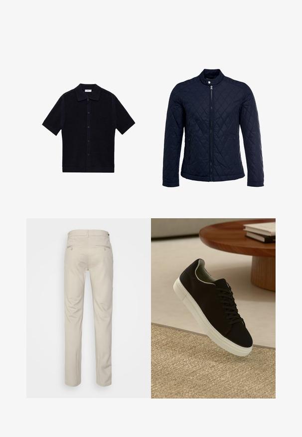 Mornarsko podloženo jakno z dvignjenim ovratnikom, polnim zadrgo in dvema stranskima žepoma. Material ima gladko teksturo s diamantnimi vzorci.; Mornarska kratka pletena jakna s kratkimi rokavi, z reliefnim vzorcem, ovratnikom in gumbnim zapiranjem spredaj. Okrašena s temnimi gumbi.; Bež hlače z gladko teksturo, ravnega kroja, dvema zadnjima žepoma z gumbi in standardnim pasom.; Črni športni copat z belim podplatom lebdi nad bež teksturiranim preprogam blizu okroglega lesenega mize z zloženimi knjigami.