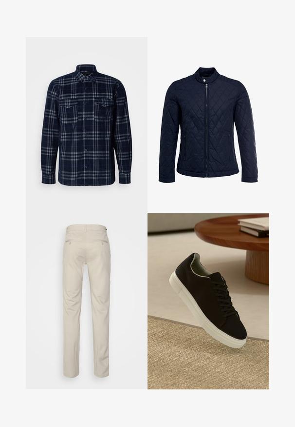 Tengerész kék steppelt dzseki, állógallérral, teljes előlapi cipzárral és két oldalsó zsebbel. Az anyag sima textúrájú, gyémánt mintázattal.; Tengerészkék gombos ing szürke kockás mintával, két mellzseb gombos hajtókával és hajtott gallérral.; Beige nadrág sima felülettel, egyenes szabással, két gombos hátsó zsebbel és normál derékrésszel.; Fekete sneakers fehér talppal lebeg egy bézs textúrájú szőnyeg felett, egy kerek fából készült asztal közelében, rajta egymásra pakolt könyvekkel.