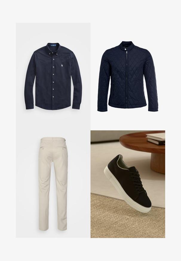 Navy quilted jacket featuring a stand-up collar, full front zip, and two side pockets. Material has a smooth texture with diamond patterns.; Navy long-sleeve button-up shirt with a collar, front buttons, and a small white logo on the left chest, made from soft cotton fabric.; Beige trousers with a smooth texture, straight cut, two back pockets with buttons, and a standard waistband.; Black sneaker with white sole floating above beige textured rug near round wooden table with stacked books.