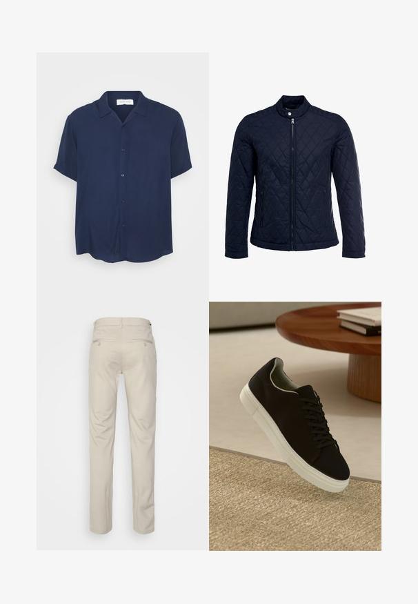 Marineblauwe gewatteerde jas met een staande kraag, volledige ritssluiting aan de voorkant en twee zijzakken. Materiaal heeft een gladde textuur met ruitpatronen.; Marineblauw overhemd met korte mouwen, gemaakt van een gladde stof, met een knoopsluiting aan de voorkant, kraag en een gebogen zoom.; Beige broek met een gladde textuur, rechte snit, twee achterzakken met knopen en een standaard tailleband.; Zwarte sneaker met witte zool die boven een beige gestructureerd tapijt zweeft, nabij een ronde houten tafel met gestapelde boeken.