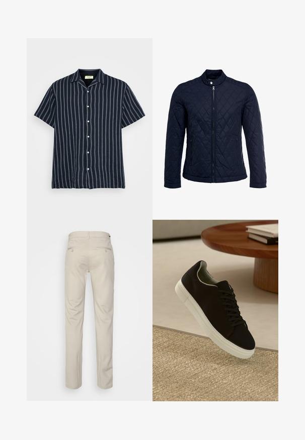 Marineblauwe gewatteerde jas met een staande kraag, volledige ritssluiting aan de voorkant en twee zijzakken. Materiaal heeft een gladde textuur met ruitpatronen.; Korte mouw, knoopshirt in donker marineblauw met verticaal witte strepen. Zachte stof, normale kraag en subtiele textuurafwerking.; Beige broek met een gladde textuur, rechte snit, twee achterzakken met knopen en een standaard tailleband.; Zwarte sneaker met witte zool die boven een beige gestructureerd tapijt zweeft, nabij een ronde houten tafel met gestapelde boeken.